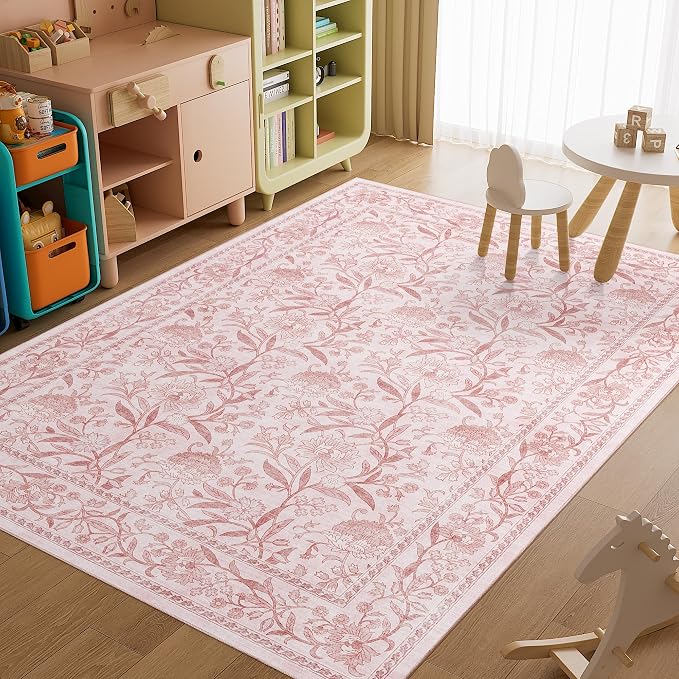 DUKINO 6x9 Area Rug Vintage Floral Washable Rugs for Living Room Light Pink | Non Slip, Low Pile, Non-Shedding, Stain Resistant Soft Large Carpet for Bedroom Home Office Dining Room Farmhouse, Home Decor