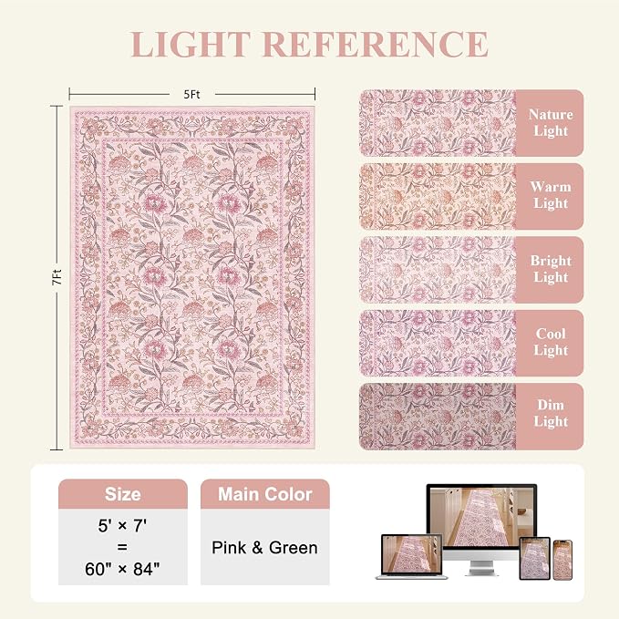 DUKINO 5x7 Area Rugs, Vintage Floral Washable Rug for Living Room, Pink | Non Slip, Low Pile, Non-Shedding, Stain Resistant Lightweight Boho Soft Carpet for Bedroom Home Office Dining Room Farmhouse