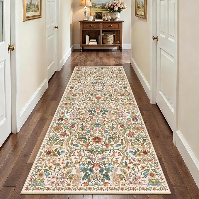 3x7 Washable Runner Rug,Beige Floral Boho Area Rug for Hallway,Low-Pile Non-Slip Stain Resistant Carpet for Kitchen, Bedside,Laundry Room,Entryway