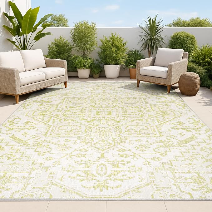 JONATHAN Y Boho Medallion Indoor Outdoor Area Rug 5X8 Cream/Green, Estrella Textured Weave for Backyard, Patio, Porch, Easy-Cleaning, High Traffic, Pet-Friendly, Non-Shedding (SMB105E-5)