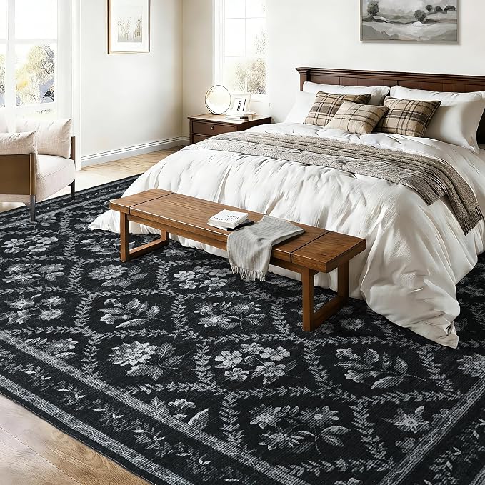 Black Modern Farmohouse Floral Area Rug Boho Flower Washable Area Rug 5x8 Living Room Stain Resistant Soft Bedroom Charcoal Black Vintage Dining Room Floor Covering for Under Table Indoor Carpet