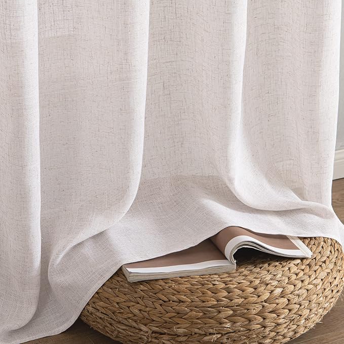 MIULEE White Short Linen Curtains 45 Inch Length 2 Panels for Kitchen Bedroom Bathroom, Soft Thick Linen Textured Natural Basement Window Drapes Semi Sheer Light Filtering Back Tab Rod Pocket