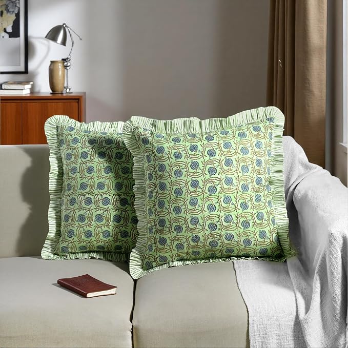 Ridhi Block Print Apple Green Floral Throw Pillow Cover 20" x 20" (Pack of 2) Decorative Cushion Covers with Ruffle for Couch, Sofa, Bed, Living Room, Home Decor Gift for Spring, Easter, Valentine