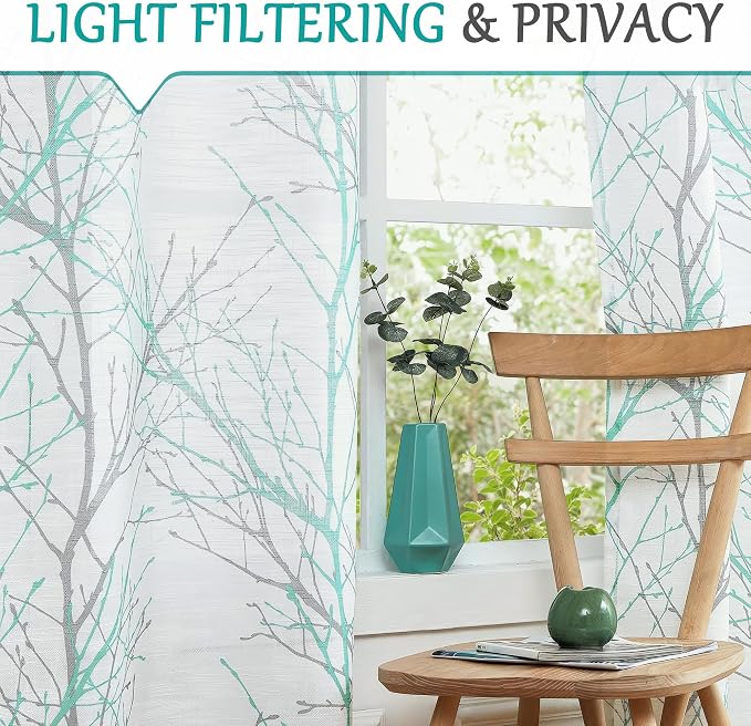 FMFUNCTEX Linen Aqua Blue White Semi Sheer Print Curtains 96 Inch 2 Panels | Branch Sheer Patterned Drapes, Light Filtering Grommet Panels for Bedroom, Living Room, Basement, and Farmhouse Curtain