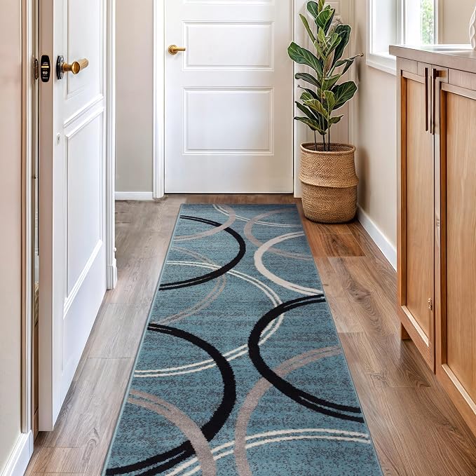 Rugshop Wavy Circles Modern Jute Backing Runner Rug Blue 2'7" x 6'