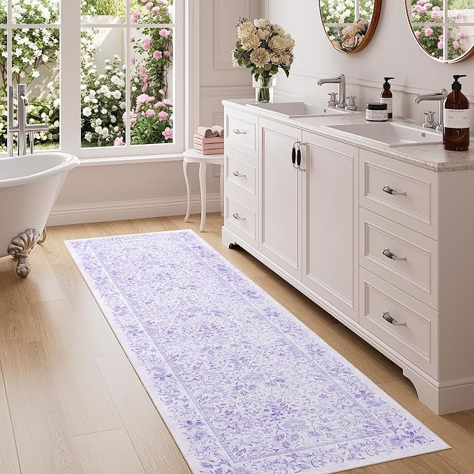 DUKINO 2x6 Runner Rug, Washable Vintage Floral Kitchen Rug, Purple | Non Slip, Low Pile, Stain Resistant Boho Soft Throw Carpet Runner for Hallway Bathroom Laundry Bedroom Entryway, Non-Shedding