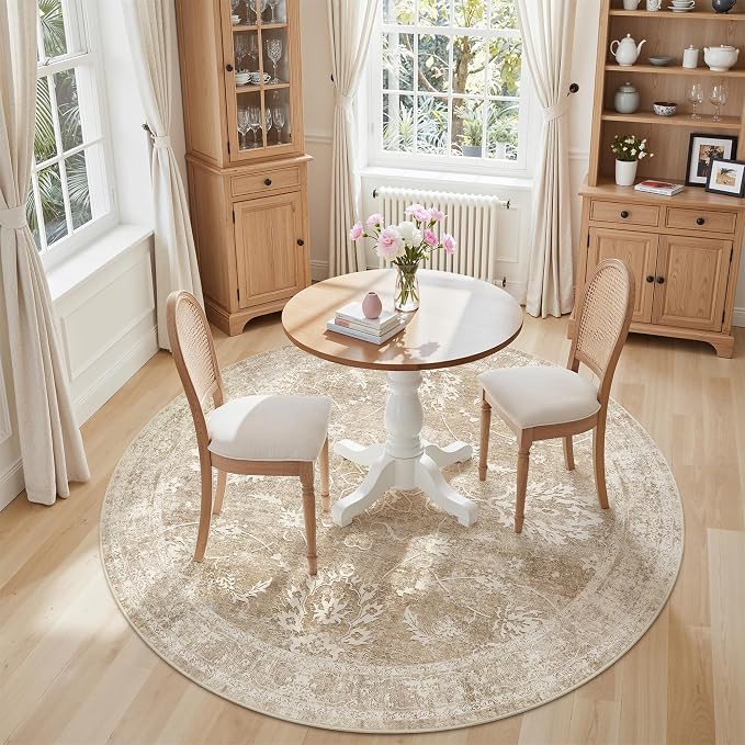 Madane Washable Round Rug 5ft for Living Room, Soft Ultra-Thin Non-Slip Vintage Floral Circle Area Rug, 5x5 Round Throw Carpet for Entryway Nursery Bedroom Kitchen Dining Room (Beige/Brown, 5'Round)