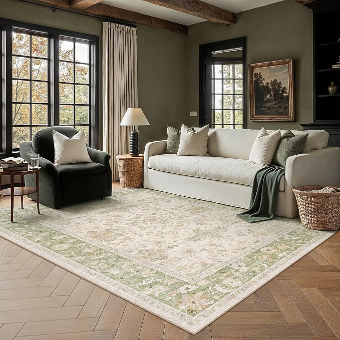 6x9 Sage Green Washable Area Rug Non Slip Vintage Carpet | Soft Low Pile, Lightweight Foldable, Pet Friendly, Living Room, Bedroom, Dining Room, Classroom, Playroom