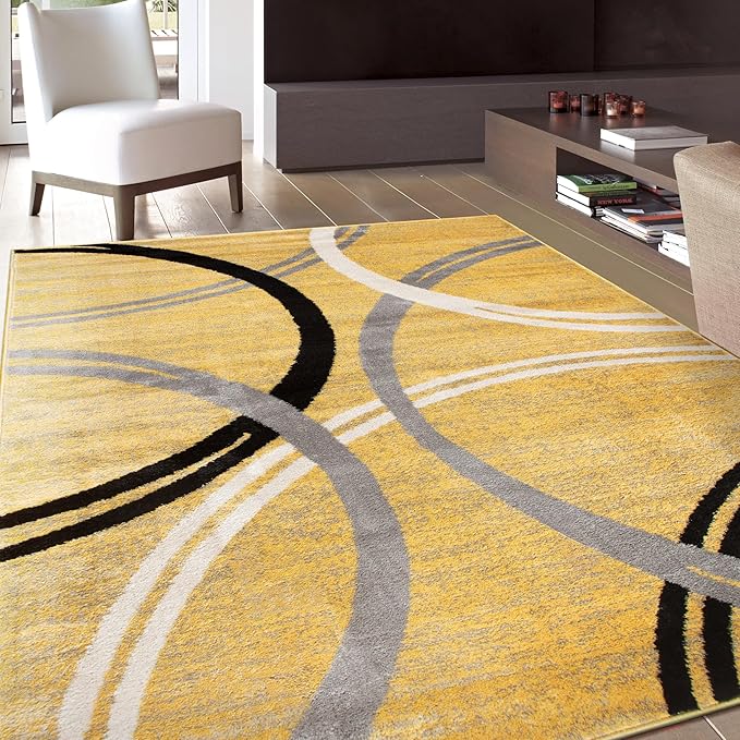 Rugshop Wavy Circles Fade-Resistant Living Room Area Rug Yellow 8'8" x 12'