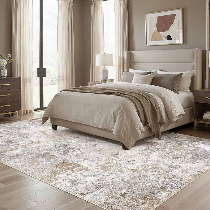 UERMEI 8x10 Area Rug Living Room Rugs - Washable Neutral Modern Abstract Soft Thin Large Rug Indoor Floor Non Slip Rug Carpet for Bedroom Under Dining Table Home Office Decor - Brown Grey