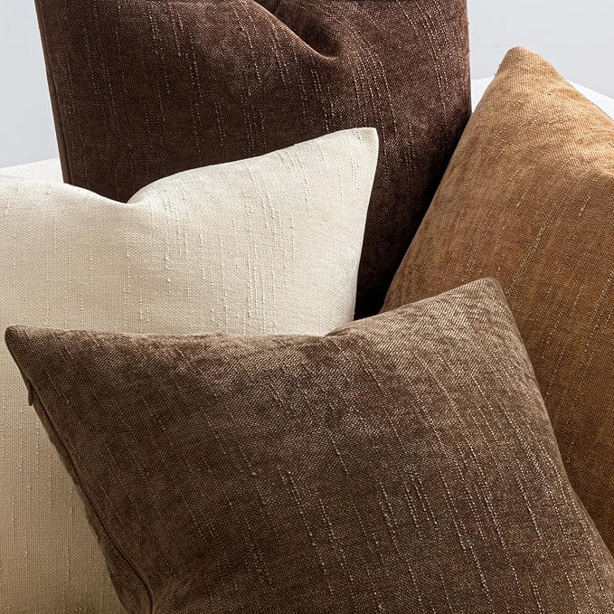 MIULEE Pack of 4 Fall Decorative Throw Pillow Covers 20x20 Inch Chenille Textured Throw Pillows Boho Farmhouse Rustic Cushion Covers Vintage Home Decor for Couch Sofa Bed Living Room，Dark Brown
