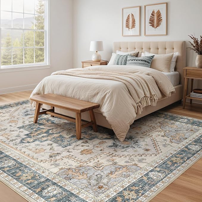 Tortania Area Rug Living Room Rugs - 8x10 Washable Boho Rug Vintage Oriental Distressed Farmhouse Large Thin Indoor Carpet for Living Room Bedroom Under Dining Table Home Office - TealTaupe