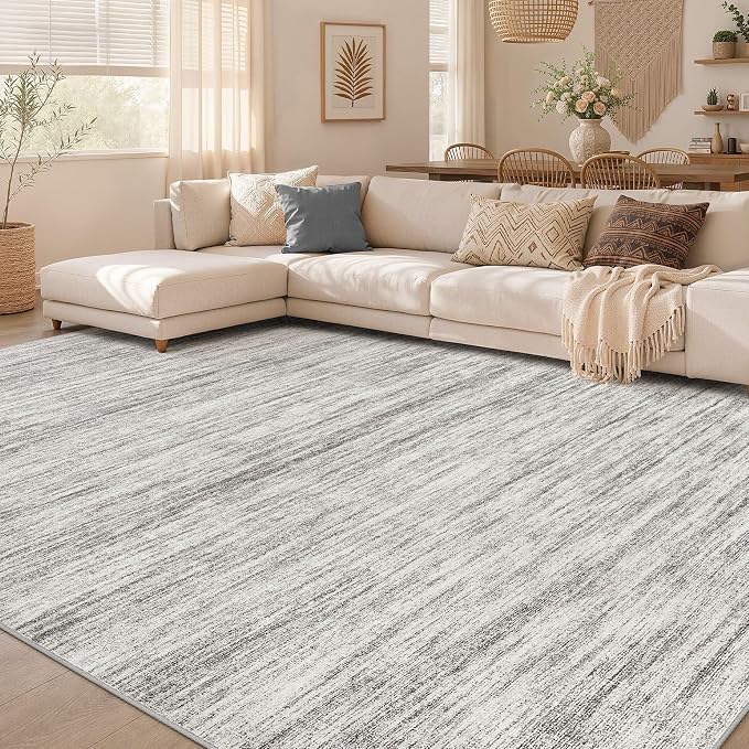 Nakagishi 7X9 Area Rugs Living Room: Washable Large Vintage Rug Neutral Non-Slip Soft Stain Resistant Indoor Carpet for Bedroom Nursery Dining Room Office Playroom - Grey
