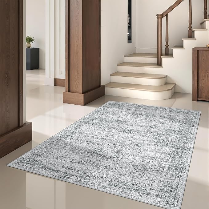 4x6 Area Rug for Entryway,Washable Kitchen Rug,Grey | Small Rug for Hallway,Bedroom,Living Room,Dining Room,Thin,Soft, Neutral Rug,Stain Resistant Indoor Carpet,Non Slip