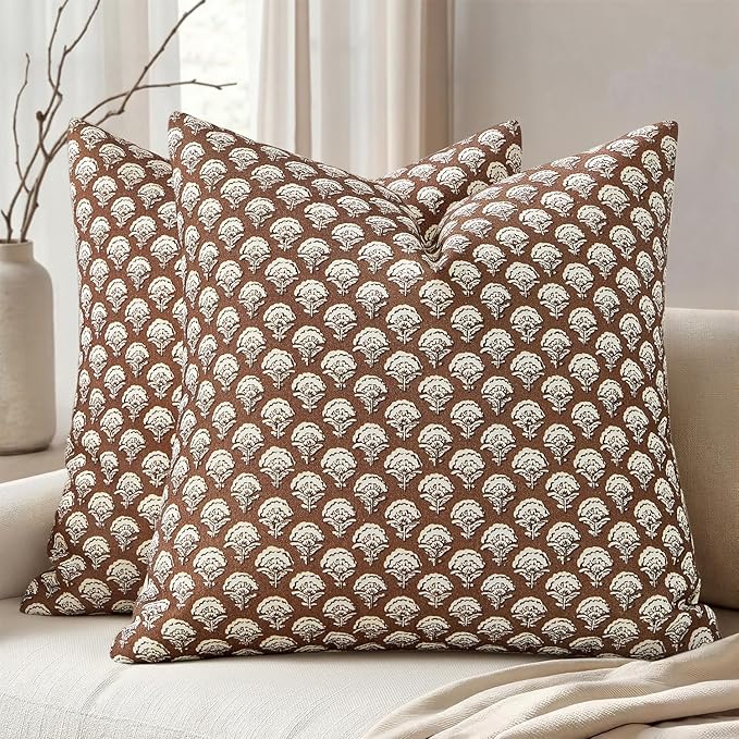 MIULEE Set of 2 Decorative Floral Throw Pillow Covers Neutral Vintage Fall Block Print Boho Farmhouse Cushion Covers for Modern Spring Home Decor Couch Sofa Bed Living Room, 20x20 Inch, Dark Brown