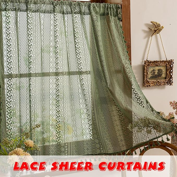 Sutuo Home Boho Closet Curtains for Kitchen Window Over Sink, French Country Lace Sheer Privacy Vintage Chic Tassels Cottage Bohemian Style Rustic Rod Pocket Decor, 50" x 36" Olive Green 2 Panels