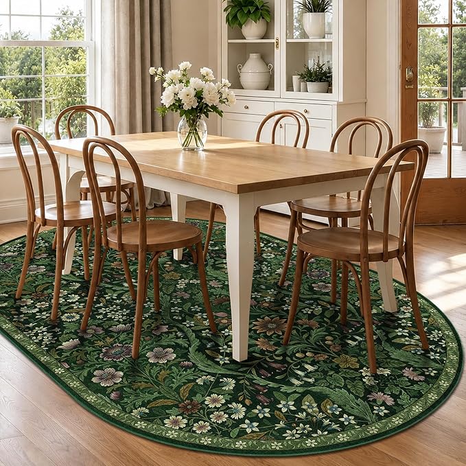 5×7 Oval Rugs Dark Green Washable Floral Rug,Vintage Boho Soft Low-Pile Living Room Rugs, Stain Resistant Botanical Print Non-Slip Carpet for Bedroom,Dining Room, Kids Nursery,Home Decor