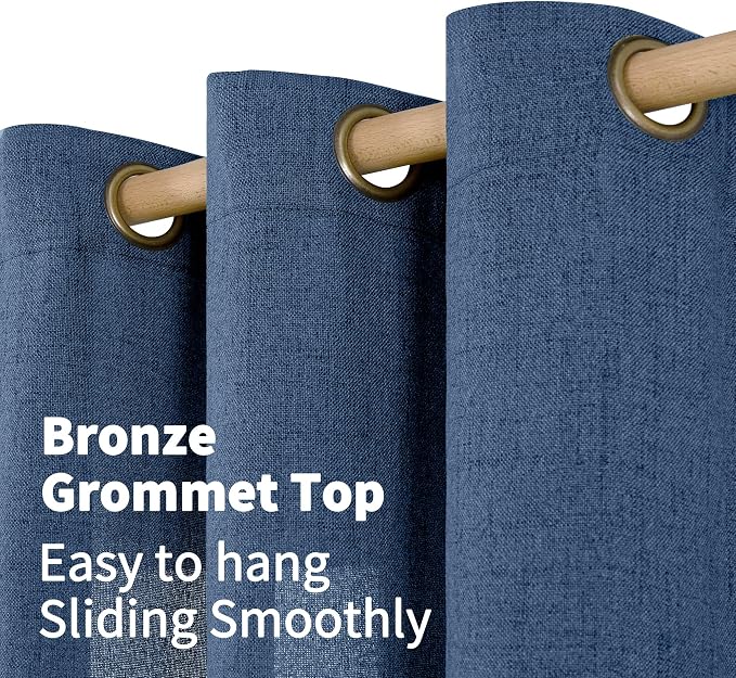 YoungsTex Navy Blue Linen Curtains 63 Inch Length 2 Panels Light Filtering | Semi Sheer Drapes with Bronze Grommet Privacy for Office Bedroom Living Room Window, 52 x 63 Inch