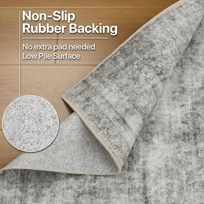 BESBLEE 4X6 Area Rugs Machine Washable Rugs for Living Room, Vintage Boho Large Rugs for Bedroom Dining Room, Non Slip Indoor Soft Distressed Lightweight Thin Low Pile Carpet, Light Grey