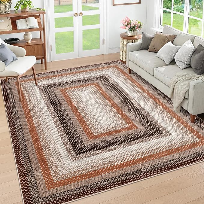 RUGSREAL Machine Washable Area Rug 6x9 Braided Rug for Living Room Modern Braid Printed Large Bedroom Rug Non Slip Dining Room Throw Rug Farmhouse Accent Carpet for Home Decor, Brown/Rust