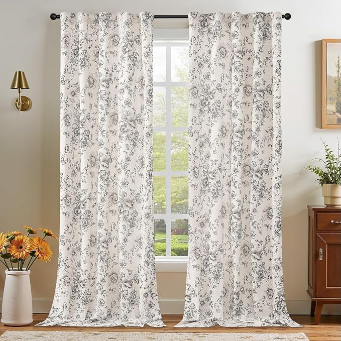 jinchan Black Floral Linen Curtains 102 Inch Farmhouse Back Tab 2 Panels | Light filtering drapes, semi sheer, farmhouse, cottagecore, rustic, living room, bedroom, rod pocket, window treatment