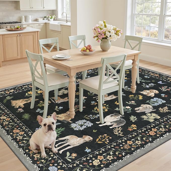 Soalmost Dog 6x9 Area Rugs for Living Room, Washable Animal Soft Rug Black | Floral Vintage Non-Slip Low Pile Cute Throw Rugs for Living Room Kitchen Dining Room Bedroom Nursery Playroom 5' x 7'