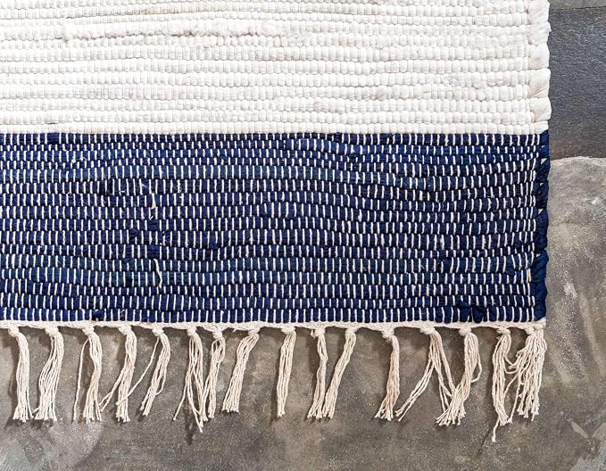 Unique Loom Chindi Rag Collection Area Rug - Striped (2' 7" x 6' 1" Runner, Navy Blue/ Ivory)