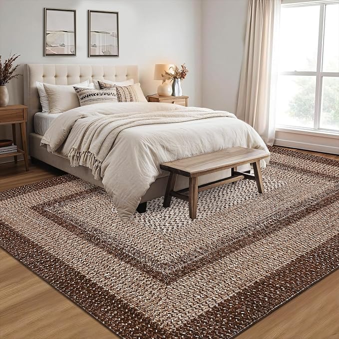 RUGSREAL Boho Rug 4x6 for Bedroom Machine Washable Rug Braided Print Floor Cover Indoor Non Slip Throw Carpet Farmhouse Rustic Accent Rug Moroccan Carpet for Living Room Home Decor, Brown