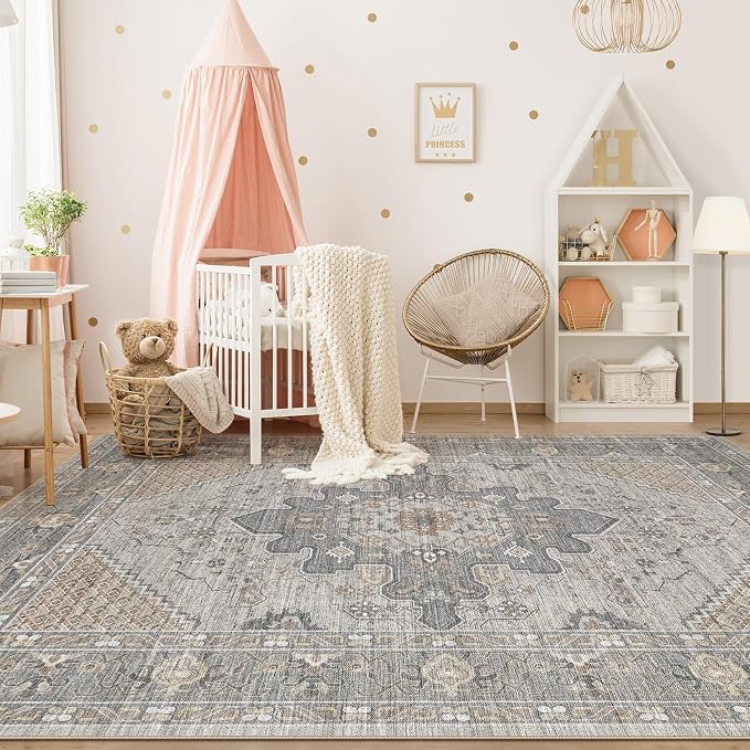 Tortania Area Rug Living Room Rugs - 12x15 Washable Boho Rug Vintage Oriental Distressed Farmhouse Large Thin Indoor Carpet for Living Room Bedroom Under Dining Table Home Office - Brown Gray