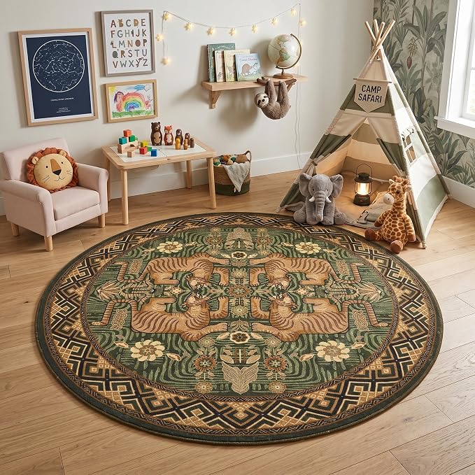 GarveeHome Tiger Round Area Rugs for Kids Room, 6ft Boho Green Animal Print Circle Rugs Non Slip, Washable Vintage Tribal Floor Carpet for Dining Room Entryway Nursery Playroom Office