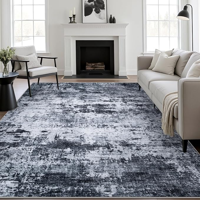 10x14 Area Rug Living Room Rug: Washable Modern Abstract Soft Thin Rug Indoor Floor No Slip Stain Resistant Carpet for Bedroom Dining Room Farmhouse Nursery Home Office - Black