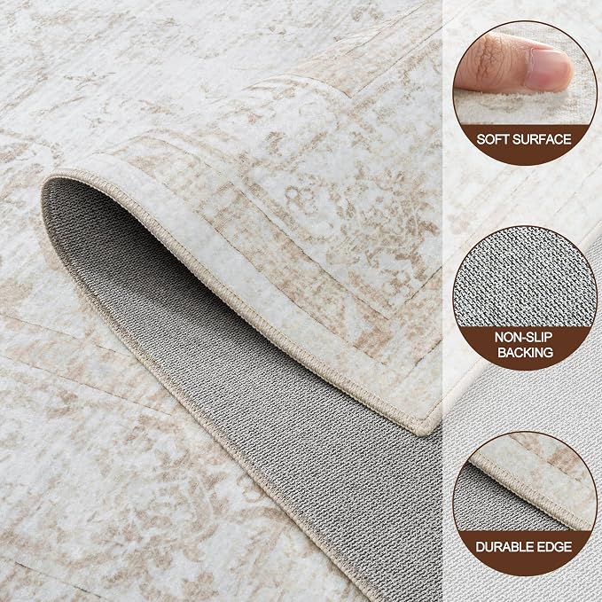 8x10 Area Rugs for Living Room:Beige Washable Vintage Medallion Rug Non-Slip Soft Low Pile Large Rugs Indoor Retro Carpet for Bedroom Kitchen Nursery Dining Table Office (Beige, 8'x10')