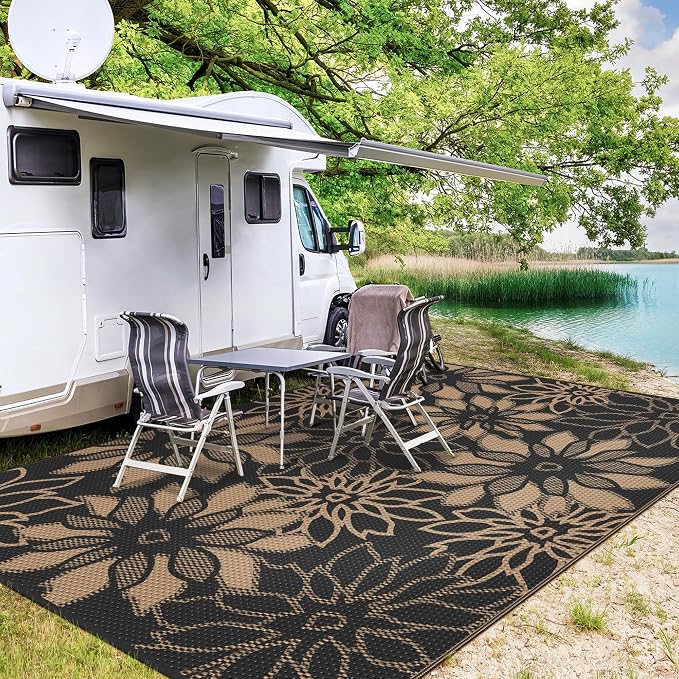 GENIMO Outdoor Rug, Waterproof Plastic Rugs for Patio, 8'x10' Onyx Brown | Outside Larger Leaf Carpet Mat for Porch Decor, Deck, Balcony, Camping, RV, Backyard, Picnic, Beach, Reversible, Foldable