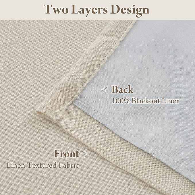 RYB HOME 100% Blackout Pinch Pleated Linen Curtains for Bedroom Living Room, Linen Textured Fabric with Liner Thermal Insulated for Sliding Glass Door, Beige, 40" W x L102 L, 2 Panels Set