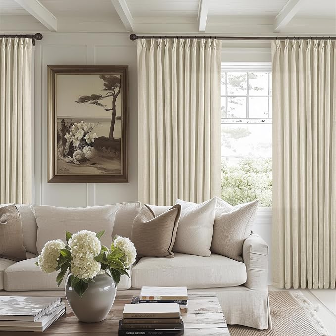 Pinch Pleated Extra Wide Beige Linen Curtain 84 Inches Long 70 Wide 1 Panel | for Patio Sliding Door Living Room, Pinch Pleat with Hooks Rings, Room Divider, Light Filtering Semi Sheer Privacy W70xL84
