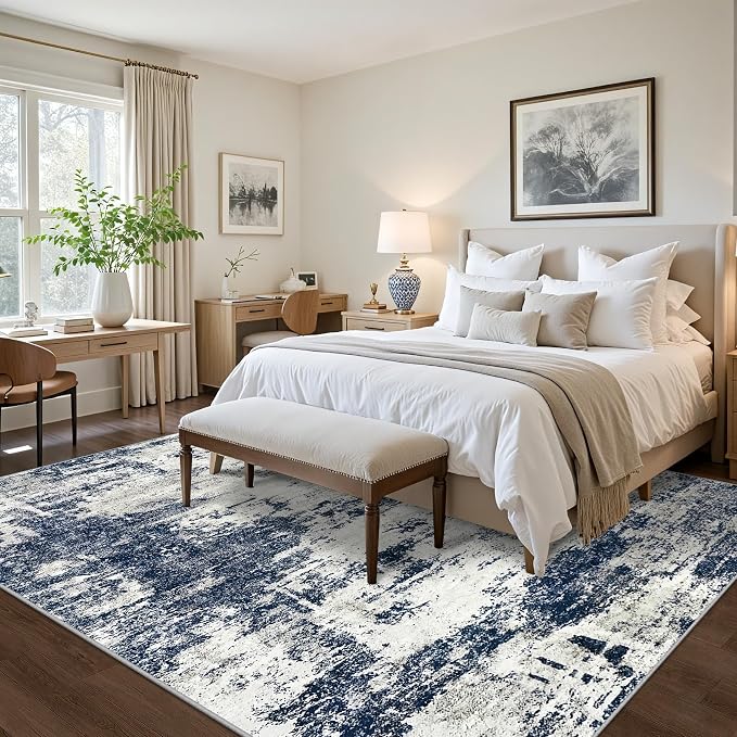 8x10 Area Rug for Living Room Bedroom: Abstract Washable Rug with Anti-Slip Backing Non-Shedding Stain-Resistant Soft Large Carpet for Dining Room Nursery Home Office - Gray/Blue