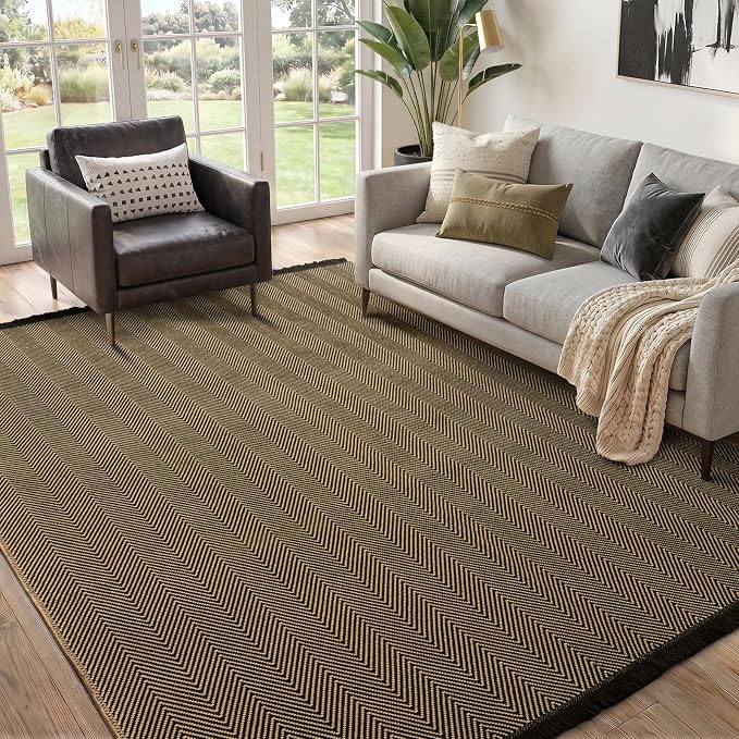 5x7 Washable Boho Area Rug with Tassels for Living Room Black Beige | Vacuum Friendly, Machine Washable, Non-Slip Rug, Modern Farmhouse Neutral Decor Carpet, Bedroom Dining Room Office Kitchen