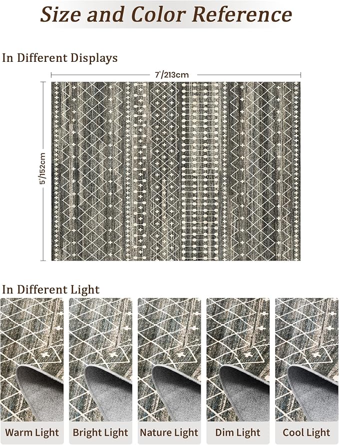 Miukiki 5x7 Area Rug for Living Room Moroccan Washable Rugs Non Slip Indoor Floor Carpet Foldable Large Soft Area Rug for Dining Room Bedroom with Low Pile(Black,5'x7')