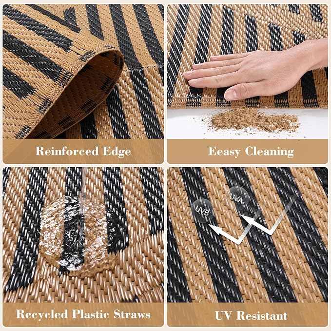 Lahome 6x9 Outdoor Plastic Straw Rug, Reversible Waterproof Camping Rug for Tent, Large Weatherproof Outside Carpet for Rv Beach Backyard Balcony Deck, Brown 6'x9'