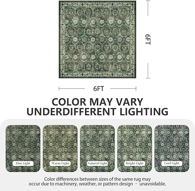6x6 Square Area Rug, Soft Non Slip Low Pile Washable Rug, Boho Modern Area Rug for Living Room，Bedroom, Laundry Room, Dark Green/Beige