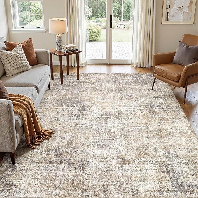 cotiled Washable 6x9 Area Rug for Living Room - Modern Abstract Carpet with Non-Slip Backing, Low Pile & Soft, Stain Resistant, Kid & Pet Friendly Decor for Bedroom & Dining Room - Gold Brown