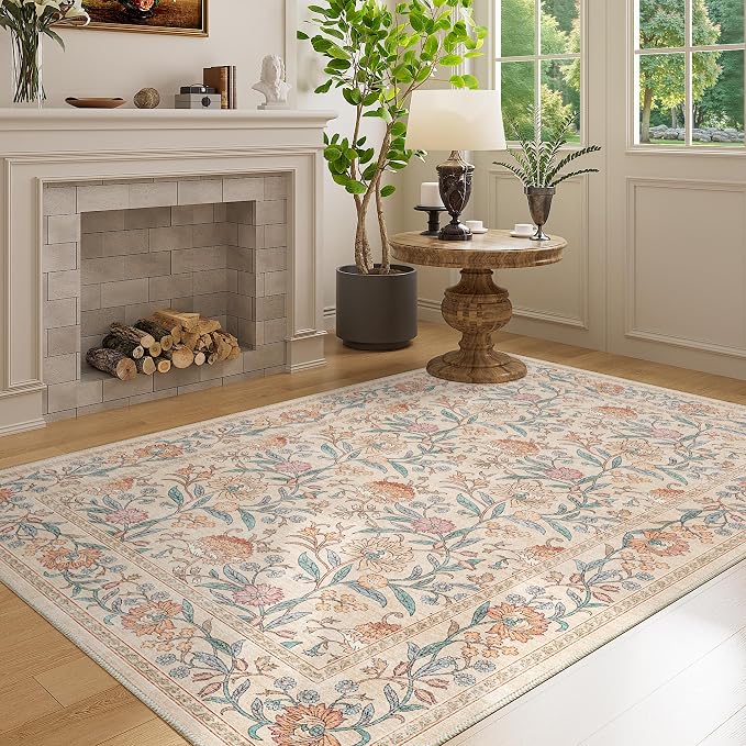 DUKINO 4x6 Area Rug, Washable Vintage Floral Rug for Living Room, Beige | Non Slip, Low Pile, Stain Resistant Boho Lightweight Soft Indoor Carpet for Bedroom Office Dining Room Entryway Farmhouse