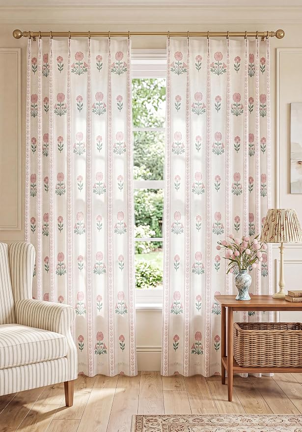 THREE GIRLS Pinch Pleated Light Filtering Linen Blend Floral Block Print Curtains for Girls Room, Nursery, Living Room, Modern Farmhouse, Memory Trained, Hooks, 2 Panels Set, 40"x95", Pink