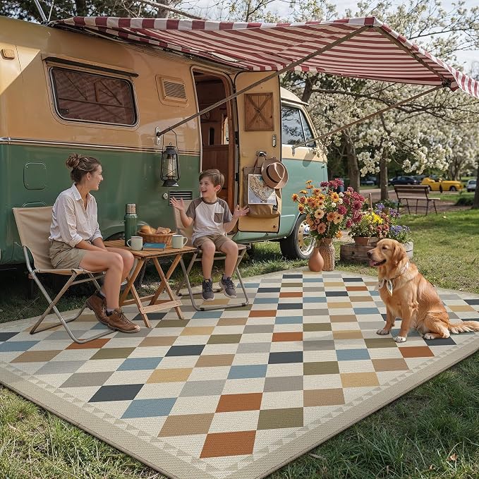 HUGEAR 8'x10' Linen-Look Checkered Outdoor Rug Waterproof Colorful Patio Outside Floor Mat Carpet for Deck Porch Balcony Backyard Camping RV Picnic Beach Area Rug Decor