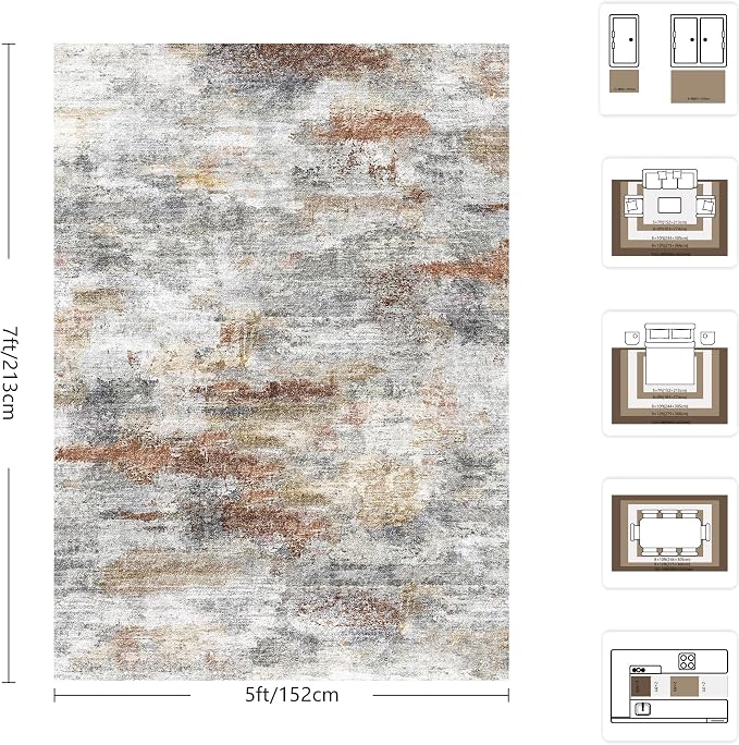 5x7 Area Rugs, Abstract Morden Soft Washable Rug, Non-Slip Low Pile Rugs for Living Room, Bedroom, Dining Room, Home, Office(Grey & Brown)
