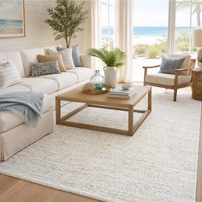 Chardin home 6x9 Jute Cotton Hand Woven Area Rug, Natural Jute Cream Blue Braided Boho Farmhouse Rug, Reversible Rustic Natural Fiber Carpet for Living Room Bedroom Dining Room