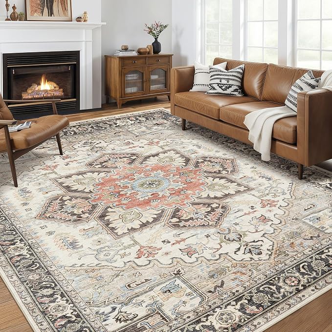 12x15 Area Rugs for Living Room - Large Carpet Ultra Thin Soft Washable Oriental Vintage Floral Distressed Big Indoor Carpets for Bedroom Nursery Dorm Home Decor Aesthetic - Multi Cream