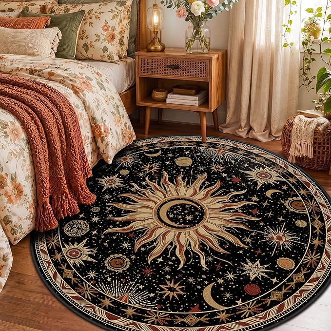 Vacuum-Friendly, Round 6ft Washable Area Rug, Black Gold Beige Red | Sun and Moon Boho Gothic Non-Slip Low Pile Living Roon Bedroom Dining Room Kitchen Entry Entryway Entrance Hallway Doormat