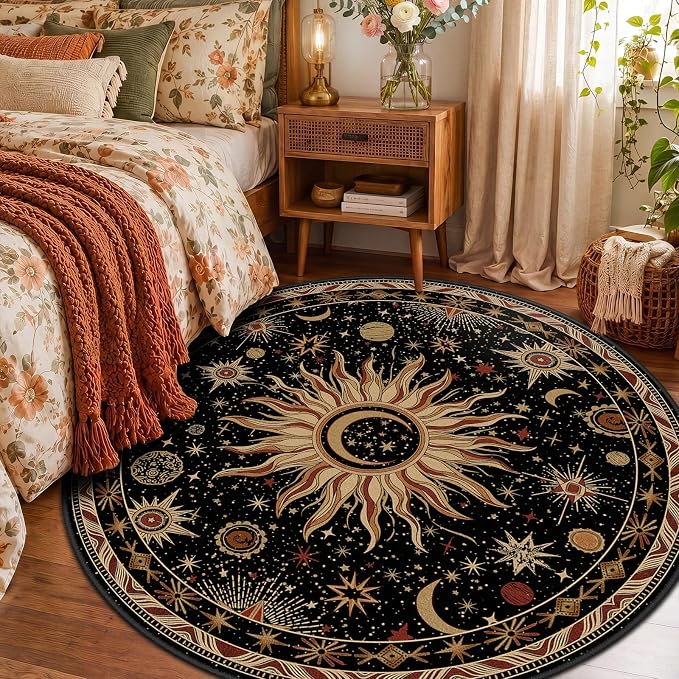 Vacuum-Friendly, Round 4ft Washable Area Rug, Black Gold Beige Red | Sun and Moon Boho Gothic Non-Slip Low Pile Living Roon Bedroom Dining Room Kitchen Entry Entryway Entrance Hallway Doormat