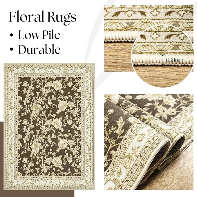Brown Floral Rug 5x7 Machine Washable Area Rug for Living Room Vintage Boho Farmhouse Low Pile Distressed Carpet for Dining Room, Bedroom Indoor Non-Slip Brown Beige Taupe Flower Design Home Decor
